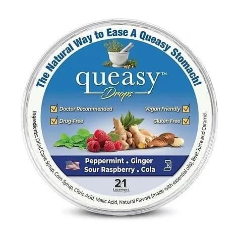 Envase de Queasy Drops con 21 drops en sabores menta, jengibre, frambuesa ácida y cola