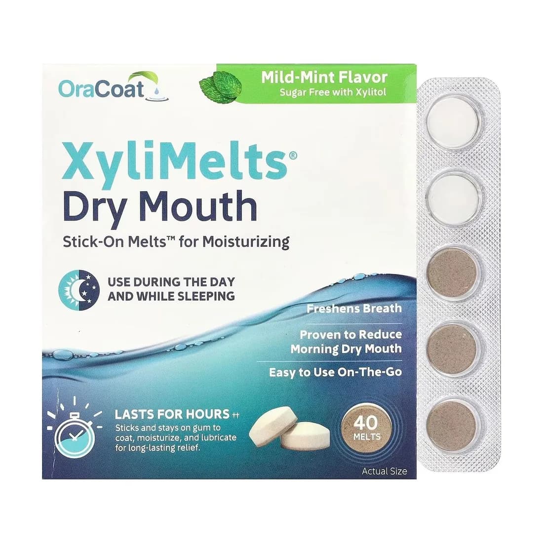 Caja de OraCoat XyliMelts para boca seca, sabor menta suave, con 40 pastillas adhesivas